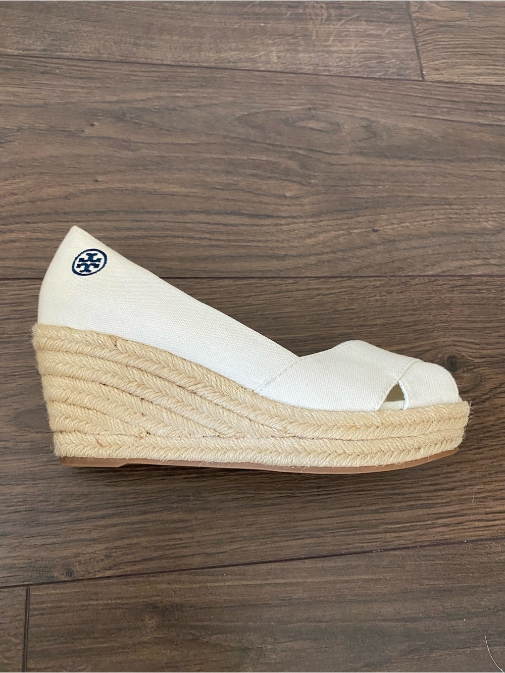 Tory Burch NWOT Cream Canvas Espadrille Wedge with Navy Logo